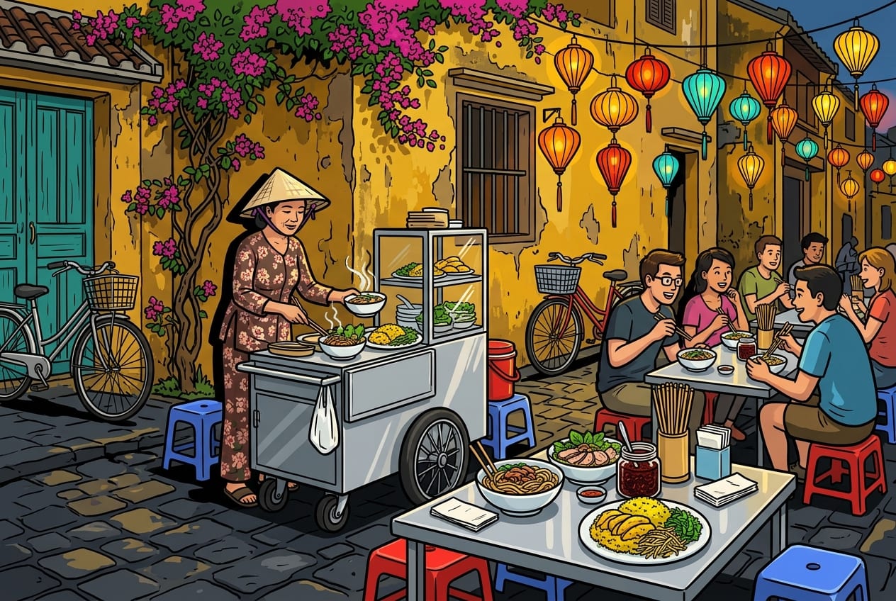 A steaming bowl of Cao Lau noodles on a wooden table in a yellow Hoi An alleyway.