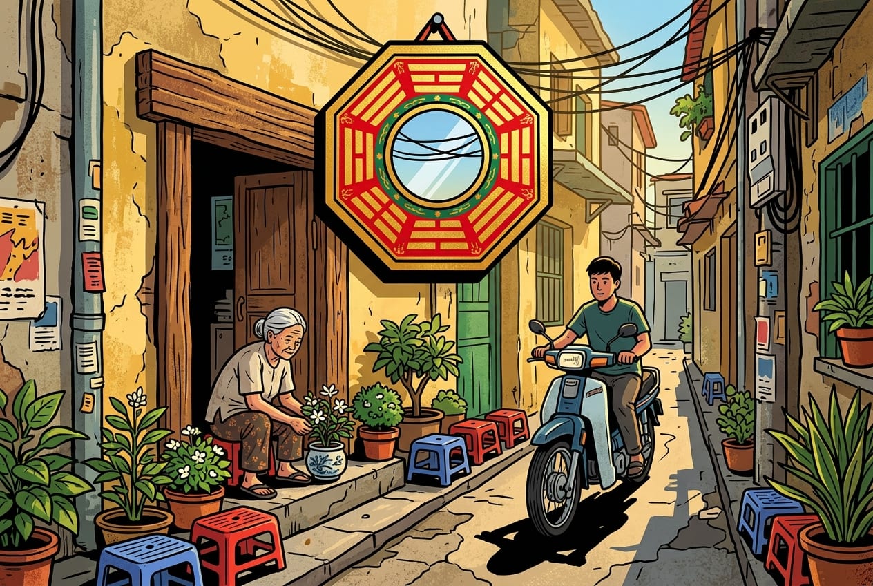 A traditional Vietnamese octagonal Bagua mirror with a red and gold frame hanging over a rustic wooden door lintel on a yellow plaster wall in Hanoi.