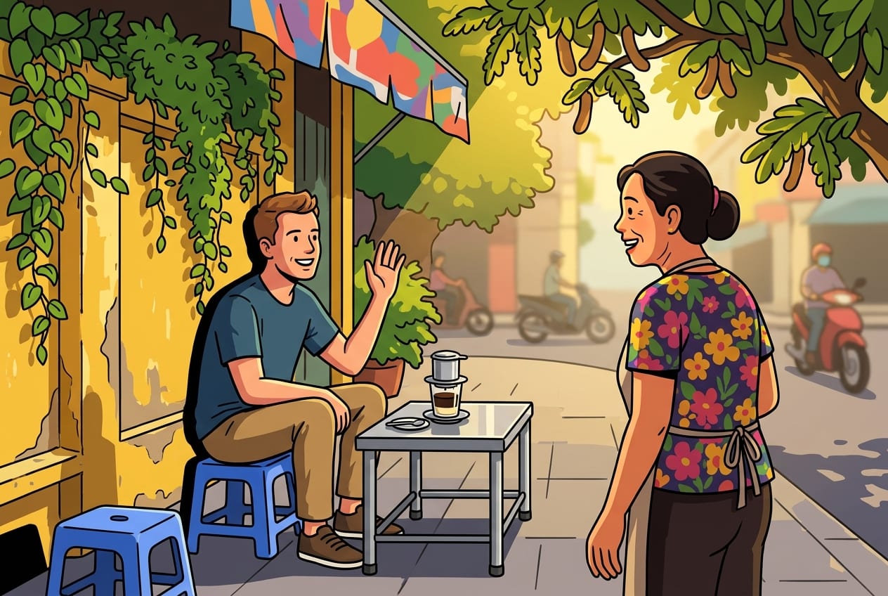 A young Western expat politely gesturing to a middle-aged Vietnamese female vendor at a bustling sidewalk cafe in Ho Chi Minh City during golden hour.