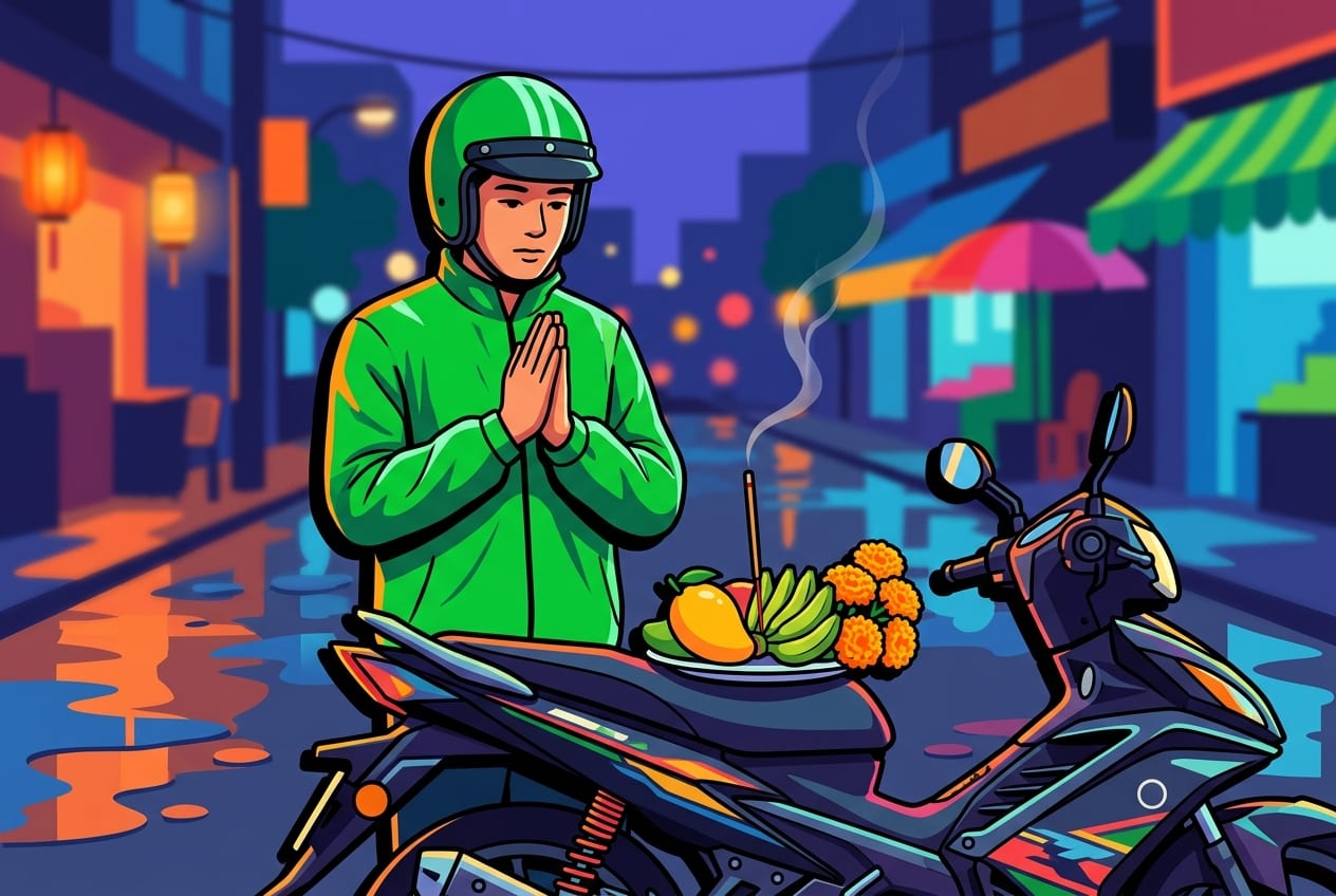 A close-up shot of a Vietnamese Grab driver standing respectfully with hands clasped in prayer in front of his modern motorbike on a wet Saigon street at dusk, with a small colorful ritual offering arranged on the seat.