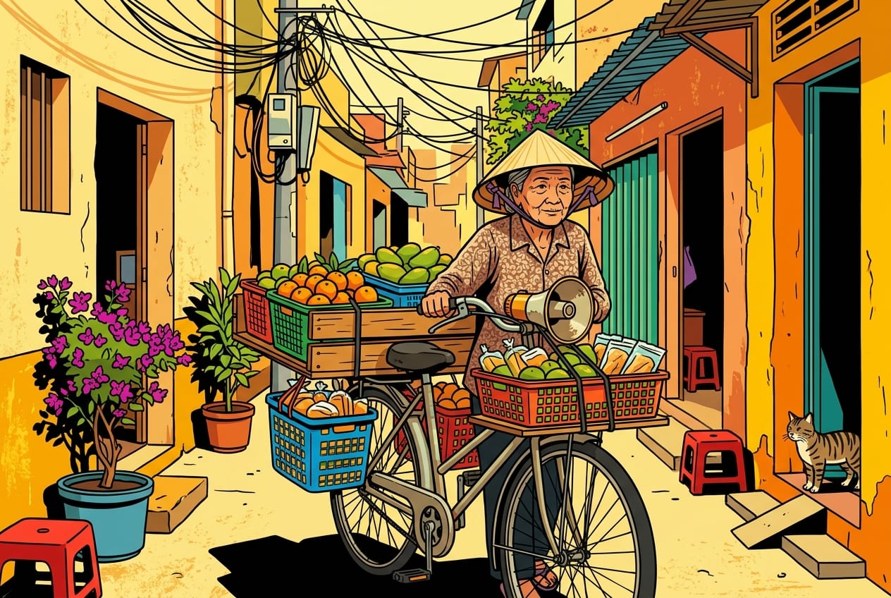 An elderly Vietnamese female street vendor pushing a modified vintage bicycle through a narrow, sun-drenched alleyway in Ho Chi Minh City, loaded with colorful baskets and a small megaphone.
