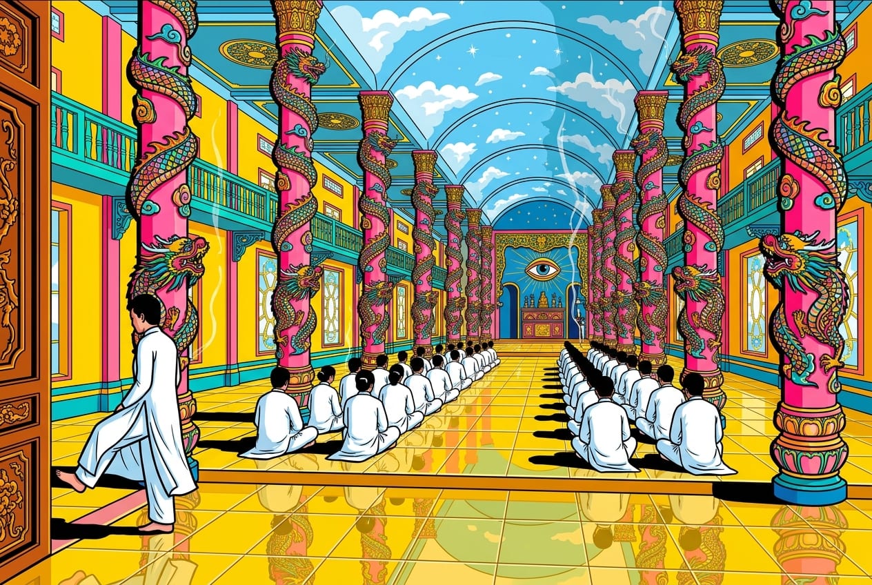 A wide-angle interior view of the Cao Dai Holy See in Tay Ninh, featuring worshippers in white robes sitting on polished tiles under a sky-blue ceiling with pink columns.