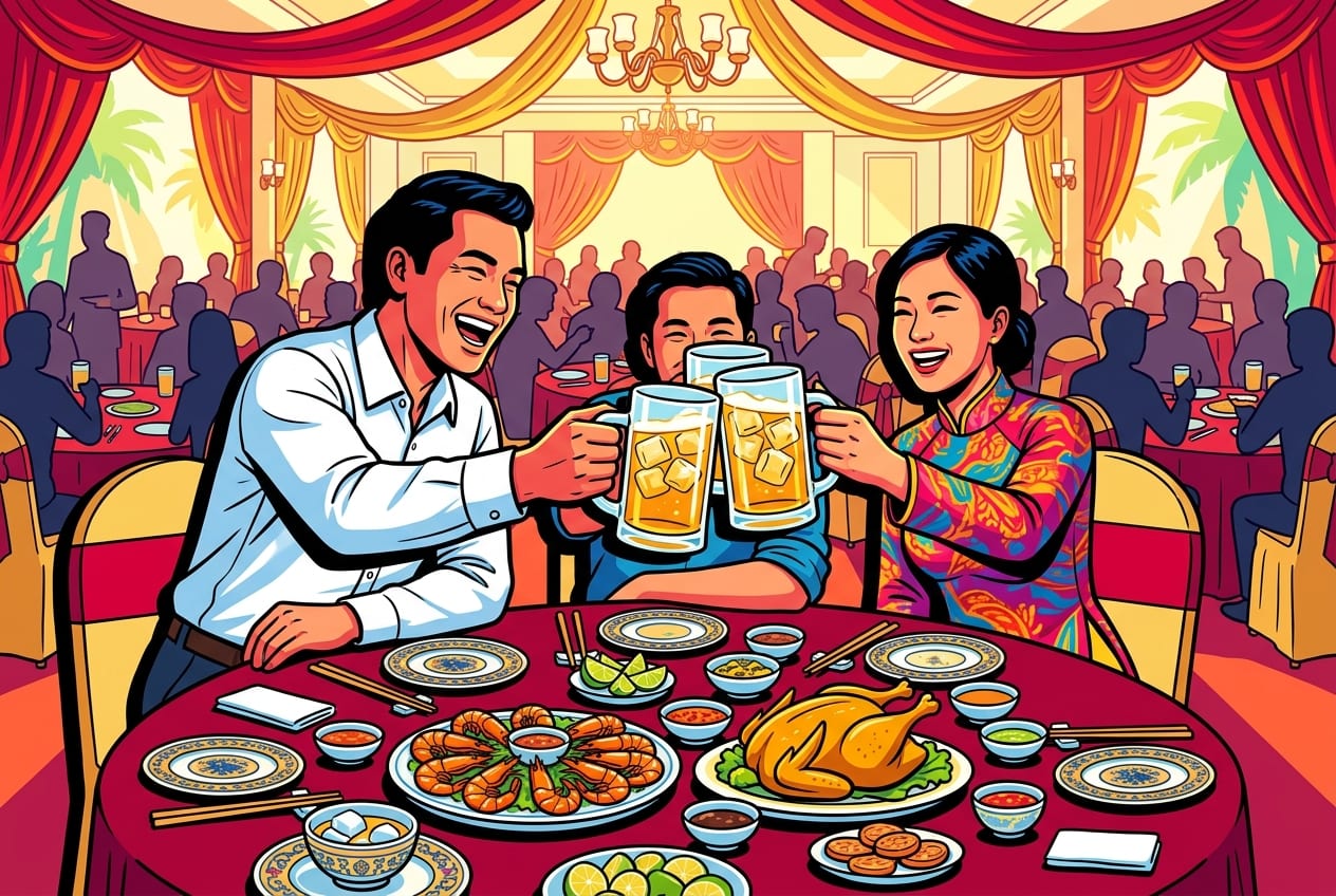 A lively Vietnamese wedding banquet with guests raising glasses for a toast around a large round table.