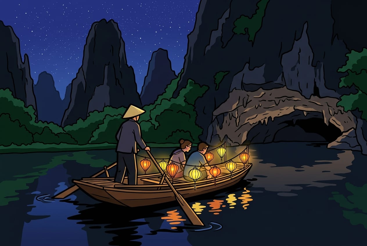 A traditional wooden sampan boat decorated with glowing lanterns gliding on the calm waters of Trang An at night, surrounded by towering limestone karsts under a twilight sky.