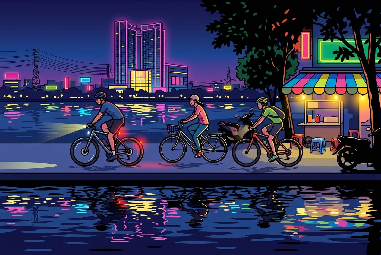 A group of cyclists riding along the neon-lit shores of West Lake in Hanoi at night, with the glowing Lotte Mall in the background.