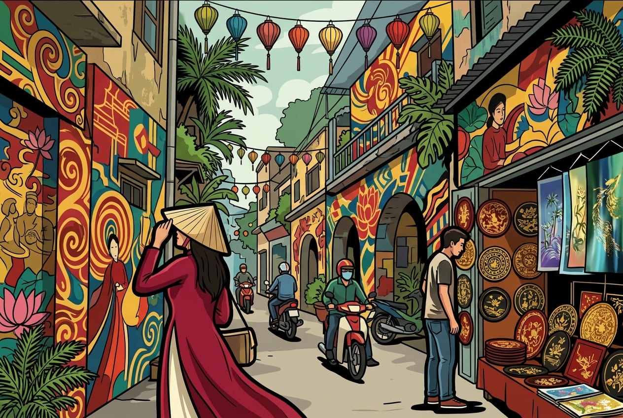 A bustling Vietnamese street scene, vibrant with contemporary murals on old building facades and railway arches. Dominant colors are rich reds, golden yellows, and deep blues, with accents of emerald green. People in modern clothing mingle with some wearing elegant, flowing Áo Dài and conical hats, riding motorbikes or browsing small handicraft stalls. The air is humid, with soft, diffused daylight filtering through the narrow alleys, highlighting intricate details of lacquerware and silk paintings displayed in open-front shops. Tropical plants spill from balconies, and traditional lanterns add pops of color.