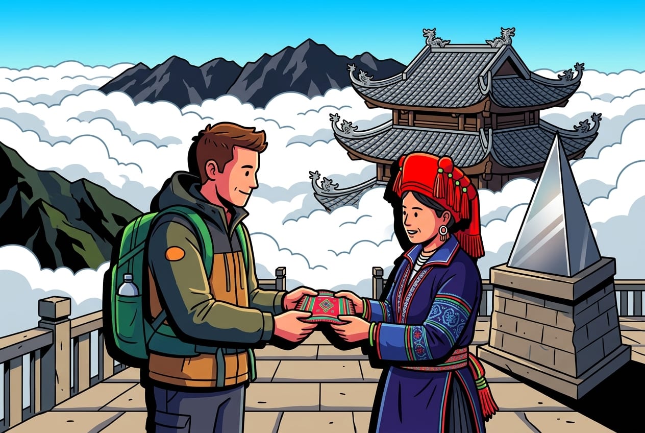 A traveler receiving a woven textile from a Red Dao woman at the Fansipan summit in Sa Pa.