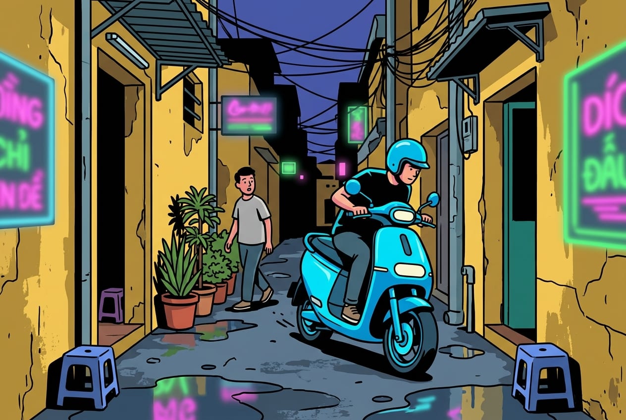 A sleek modern electric scooter in vibrant GSM cyan-blue glides silently down a narrow, wet alleyway in Ho Chi Minh City at dusk, surrounded by weathered yellow walls and neon lights.