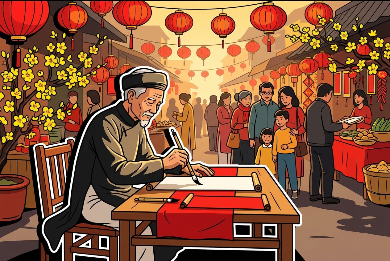 Elderly Vietnamese calligrapher in traditional áo dài meticulously writing Quốc Ngữ script with a bamboo brush on red rice paper, surrounded by yellow apricot blossoms and red lanterns at a bustling Tết market in Hanoi.