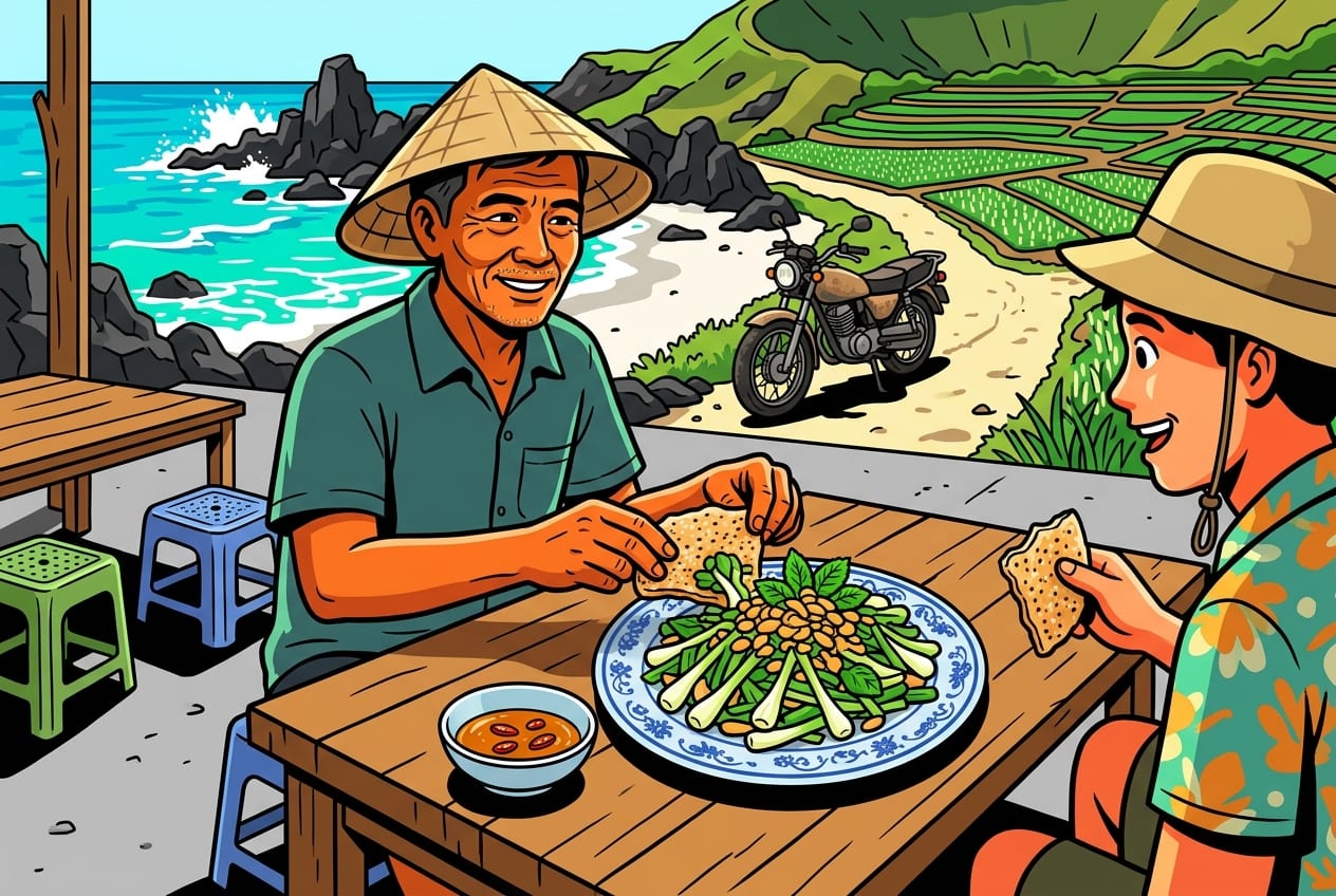 A rustic blue-patterned plate of Ly Son garlic salad (Goi toi) with fresh herbs, crushed peanuts, and toasted sesame rice crackers against a soft-focus background of the turquoise ocean.