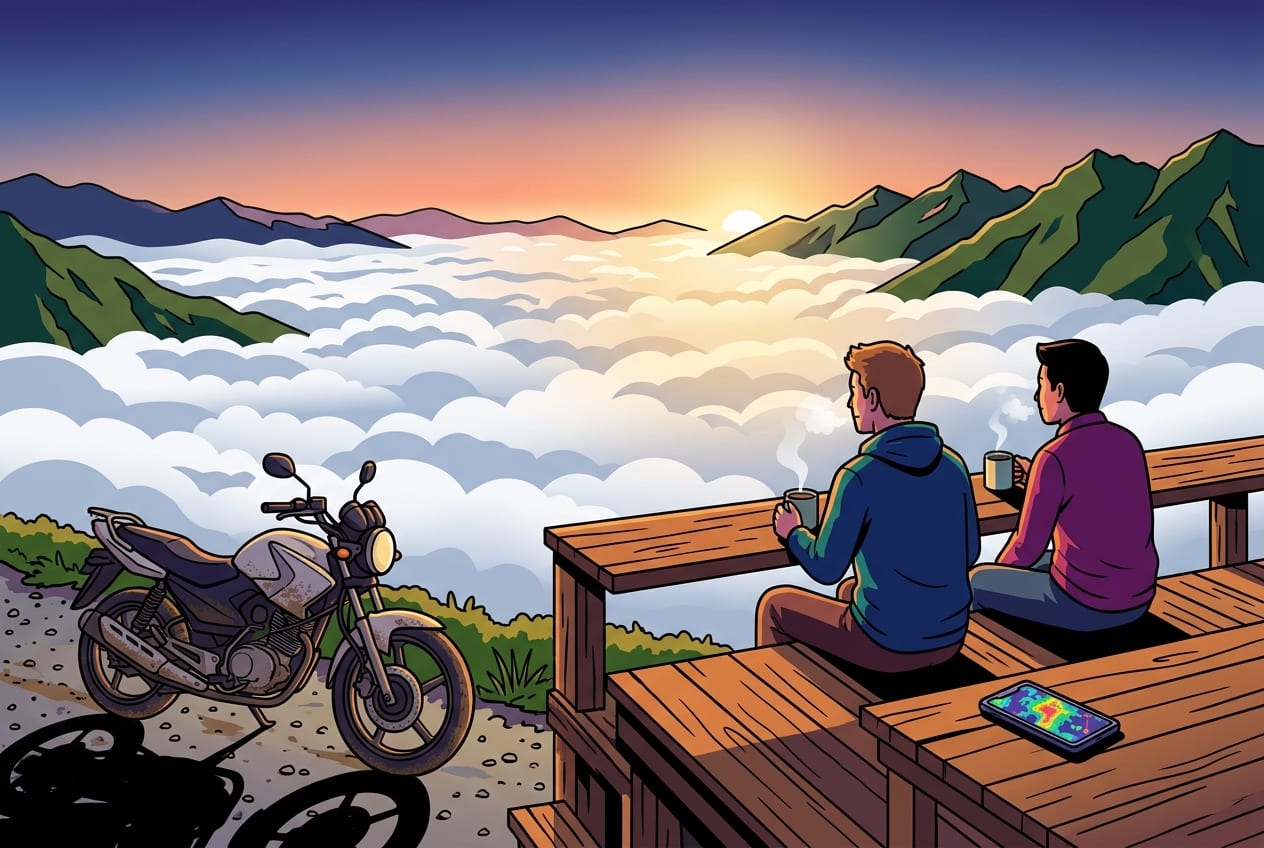An expat traveler and a Vietnamese friend sitting on a wooden deck in Tà Xùa, looking out over a thick sea of white clouds during sunrise.