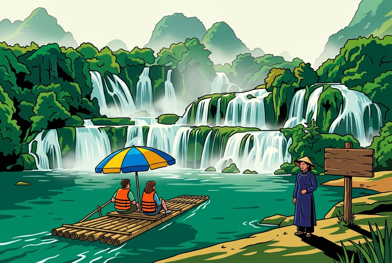 A wide-angle, photorealistic shot of the Ban Gioc Waterfall on the Vietnam-China border. In the foreground, a traditional Vietnamese bamboo raft with a bright blue and yellow umbrella glides on the emerald-green Quay Son River, carrying tourists in orange life jackets. In the background, majestic multi-tiered waterfalls cascade down lush, jade-green limestone karst mountains shrouded in soft morning mist. On the riverbank, a local Tay woman in a traditional dark indigo-blue tunic and a conical hat stands near a rustic wooden signpost. Warm, natural morning sunlight filters through the mist, creating a cinematic, serene atmosphere.
