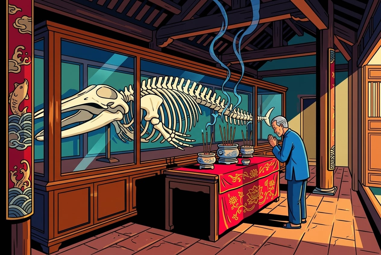 Interior of a traditional Vietnamese Whale Temple (Lăng Ông) with a massive whale skeleton displayed in a dark wood and glass case behind an altar draped in red silk with burning incense.