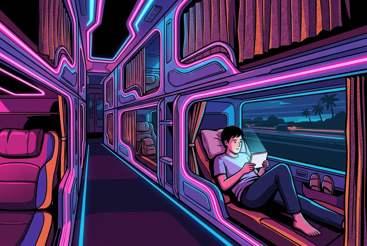 A wide-angle interior view of a Vietnamese luxury cabin sleeper bus at night, featuring glowing neon pink and blue LED lights lining two tiers of private sleeping pods.