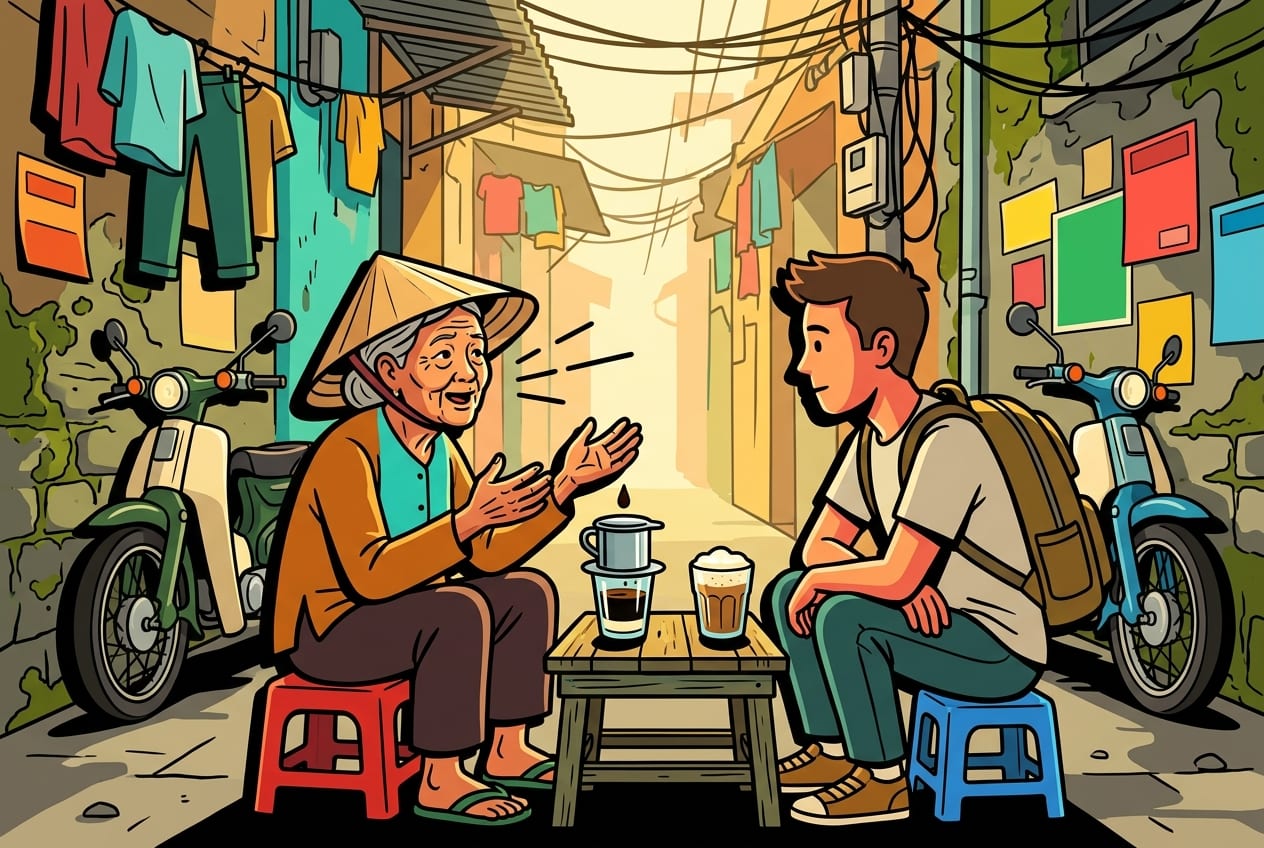 A atmospheric street-level photo of a narrow alleyway in Hue, Vietnam, featuring a local vendor, low plastic stools, and a cup of traditional salt coffee.