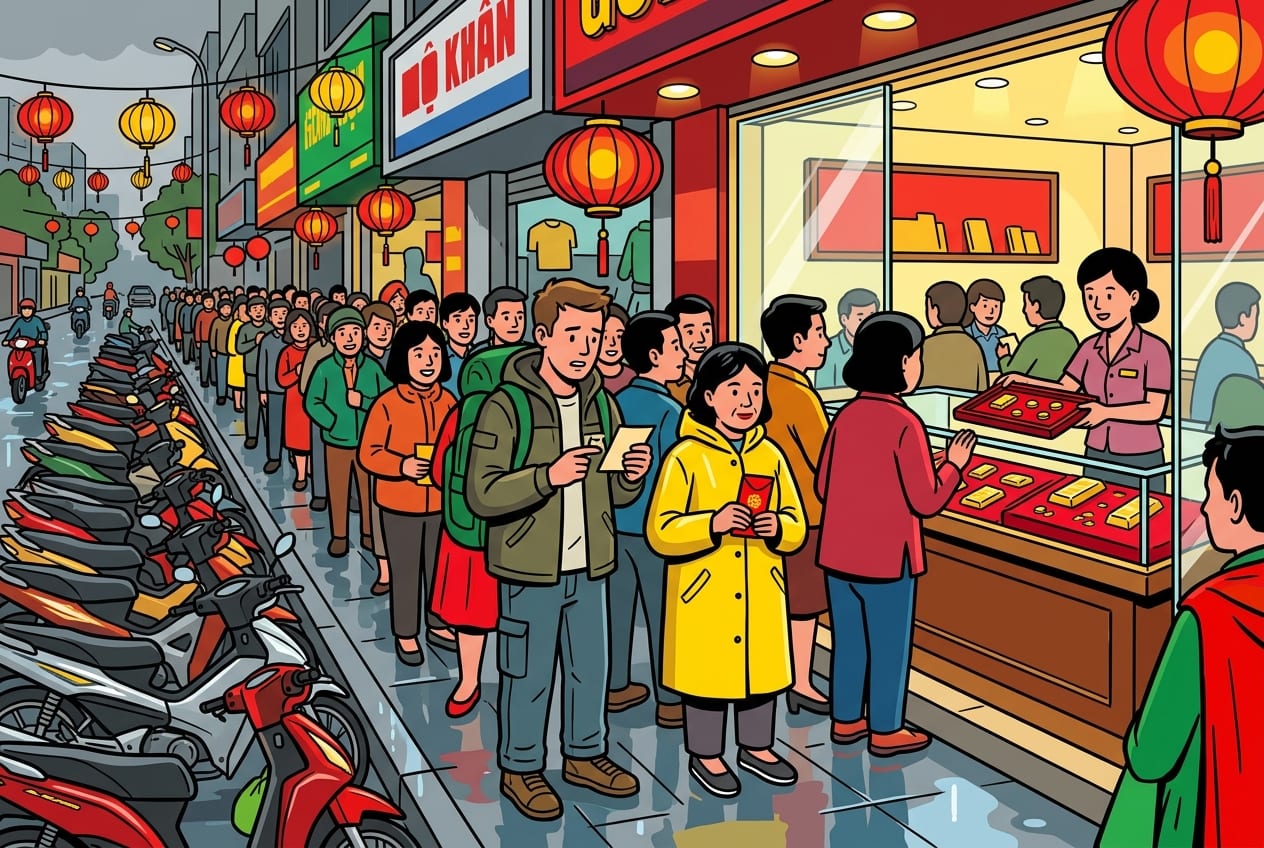 A chaotic but vibrant scene outside a gold shop on Tran Nhan Tong Street in Hanoi during God of Wealth Day, with crowds of locals queuing on the wet sidewalk under bright signs.