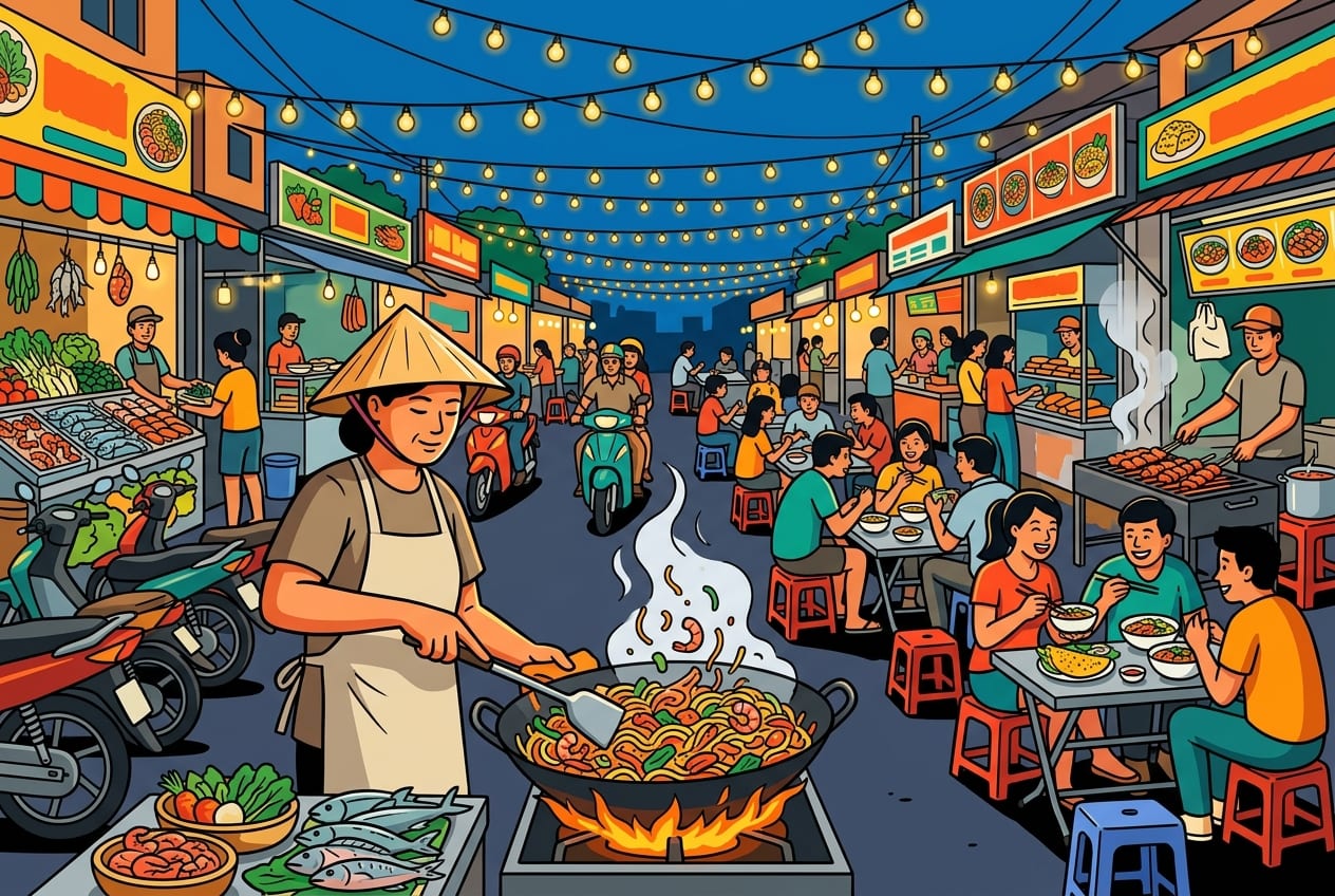 A bustling Vietnamese night food festival in Da Nang, May 2026, with vibrant street stalls under warm string lights. Vendors in conical hats cook fresh seafood and noodles in woks. Crowds of locals and tourists sit on small red and blue plastic stools at low tables, enjoying colorful dishes. The air is hazy with steam and smoke, and motorbikes are parked nearby.