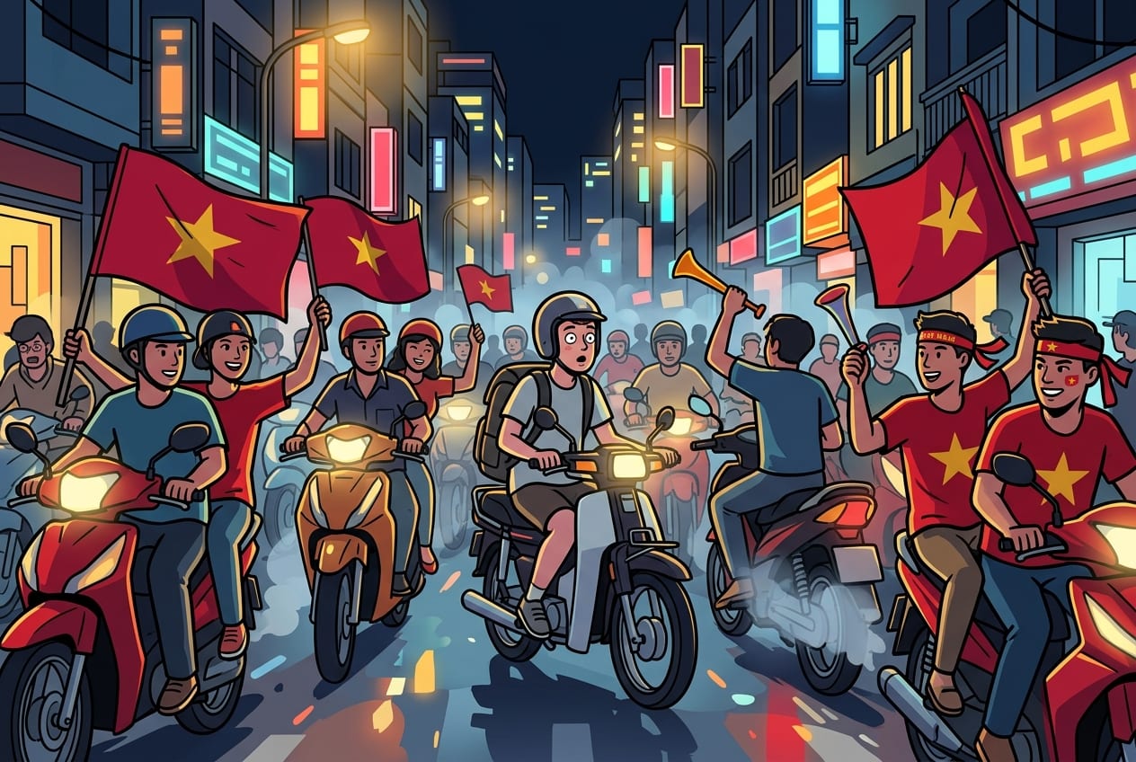 A cinematic, wide-angle street photo of a 'Đi Bão' celebration in Hanoi, Vietnam, at night. A dense, packed river of motorbikes fills the neon-lit street, reflecting red brake lights and white headlights.