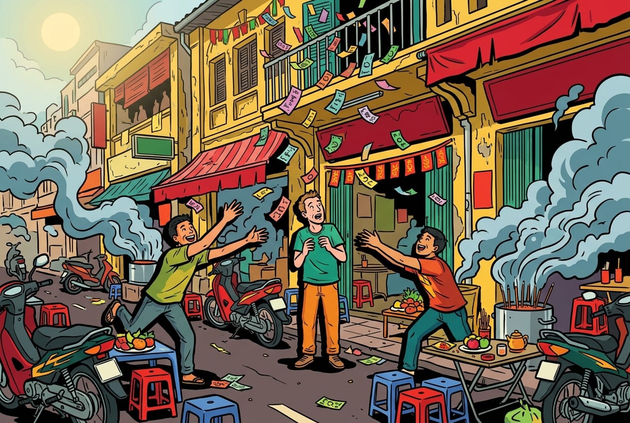 A high-energy crowd during the Giật Cô Hồn street ritual in Saigon's Chinatown, with cash falling from the sky and burning incense smoke in the background.