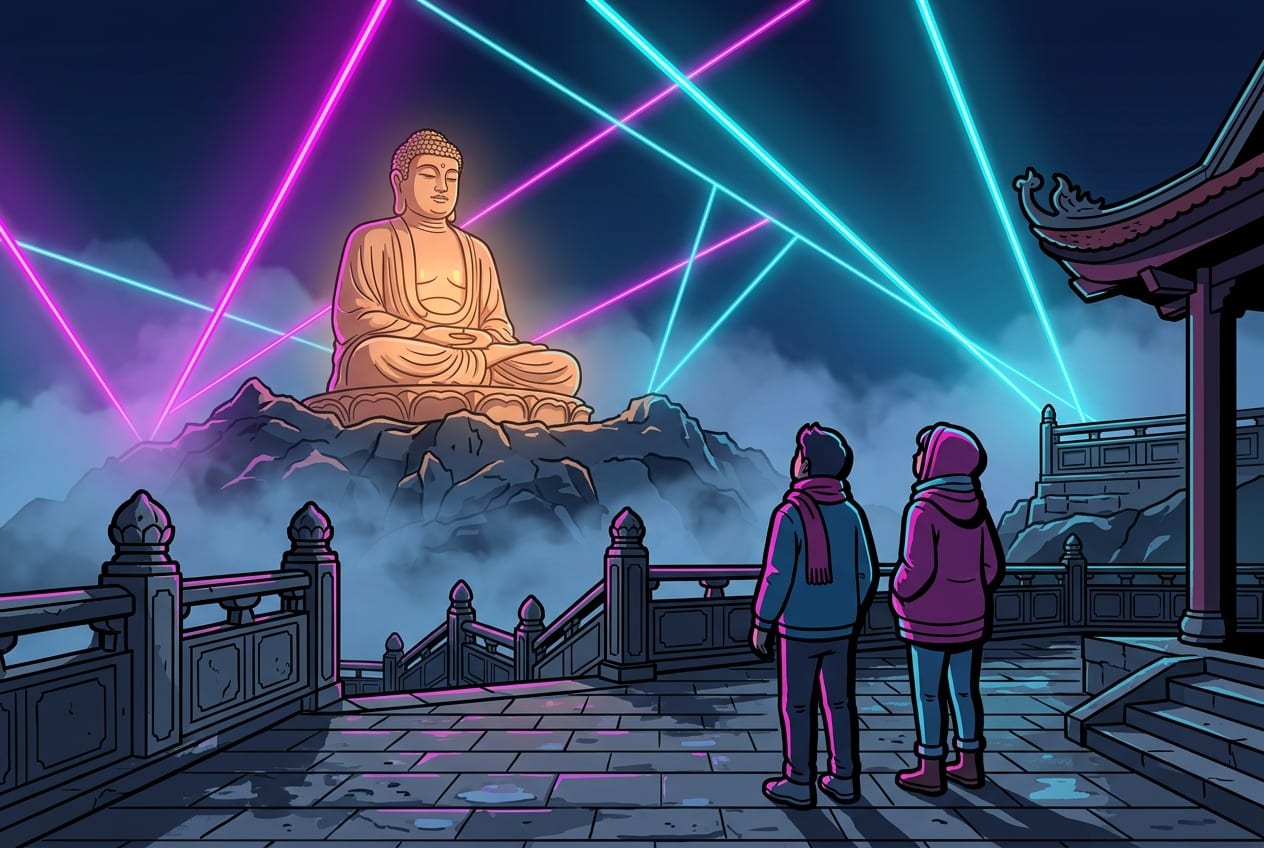 A cinematic night view of the summit of Ba Den Mountain in Tay Ninh, featuring the glowing sandstone Maitreya Buddha and vibrant neon laser beams cutting through swirling mountain mist.