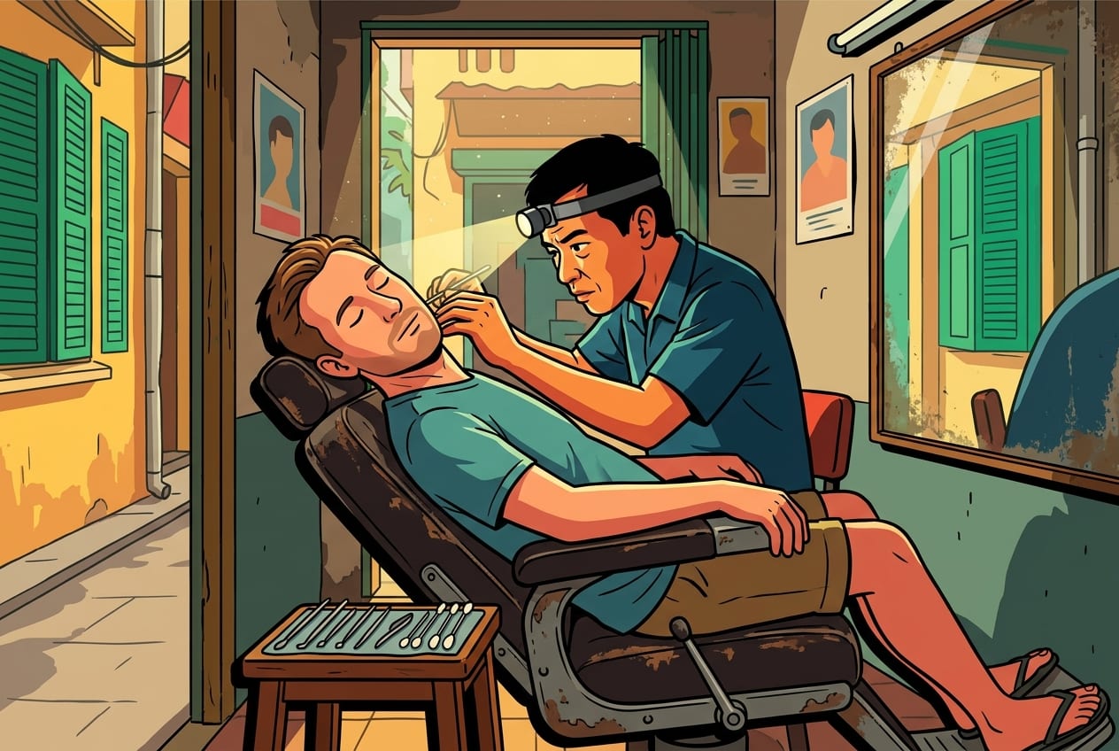 A close-up, cinematic photo of a traditional Vietnamese ear-cleaning session inside a vintage Hanoi barbershop.