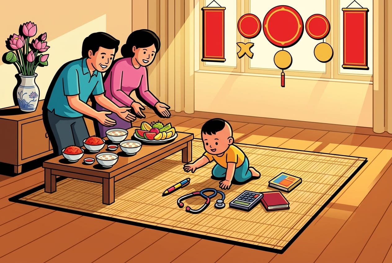 A Vietnamese baby sitting on a mat surrounded by symbolic objects like a book, pen, and stethoscope for the Thôi Nôi ceremony.