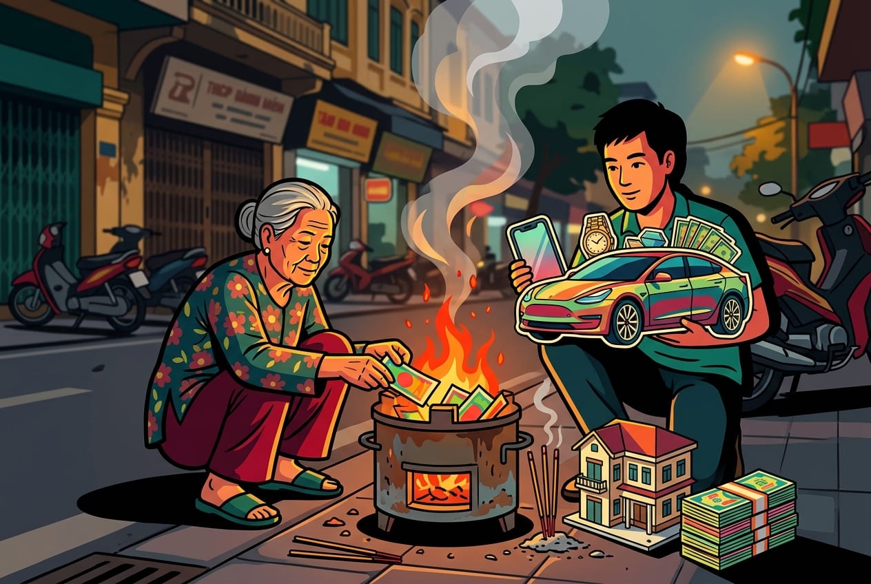 A glowing metal burner on a Hanoi sidewalk at dusk, surrounded by colorful paper replicas of modern luxury goods like cars and smartphones.