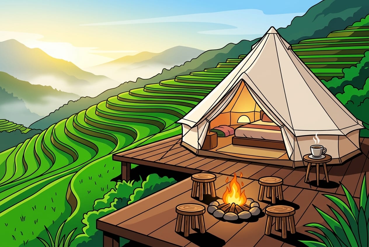 Luxury glamping tent in Vietnam, nestled amidst lush green rice terraces and misty mountains at sunrise. The tent is a spacious canvas bell tent or a glass-domed structure, with warm interior lighting, a comfortable bed with white linens, and a private wooden deck. In the foreground, a small campfire with a few wooden stools, and perhaps a cup of Vietnamese coffee.