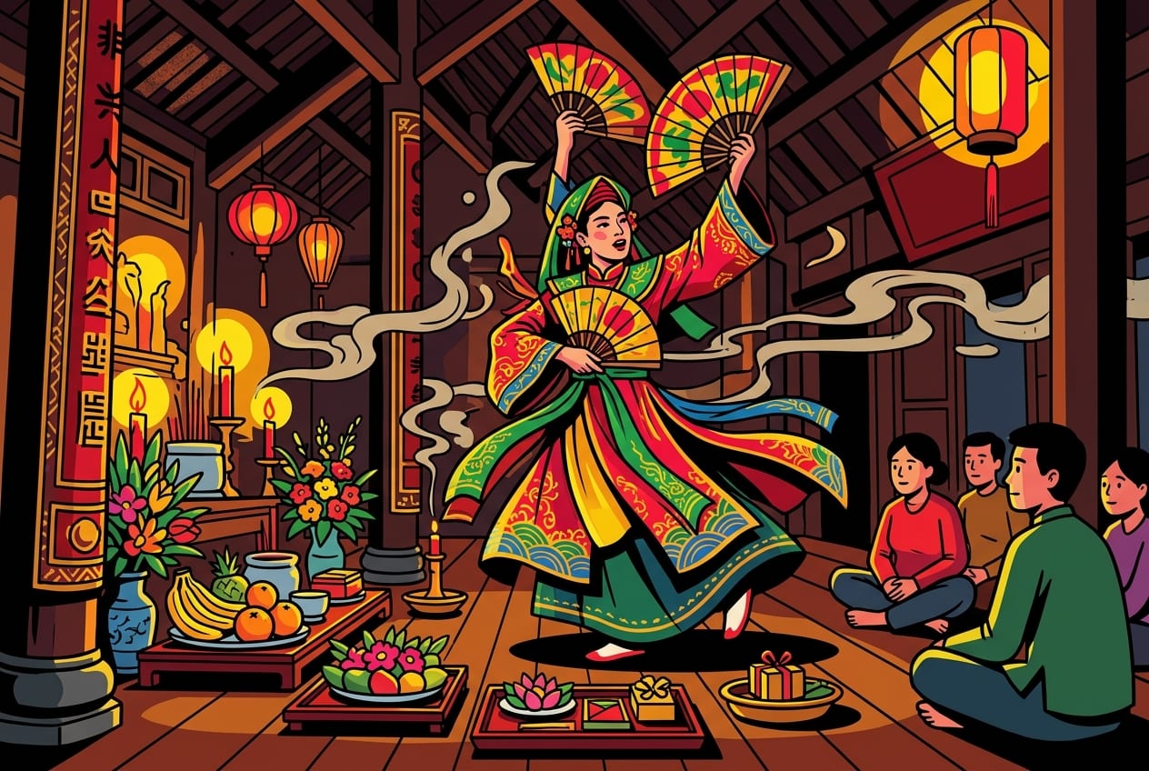 A vibrant Lên Đồng spirit mediumship ceremony in a historic Hanoi temple, featuring colorful silk robes and burning incense.
