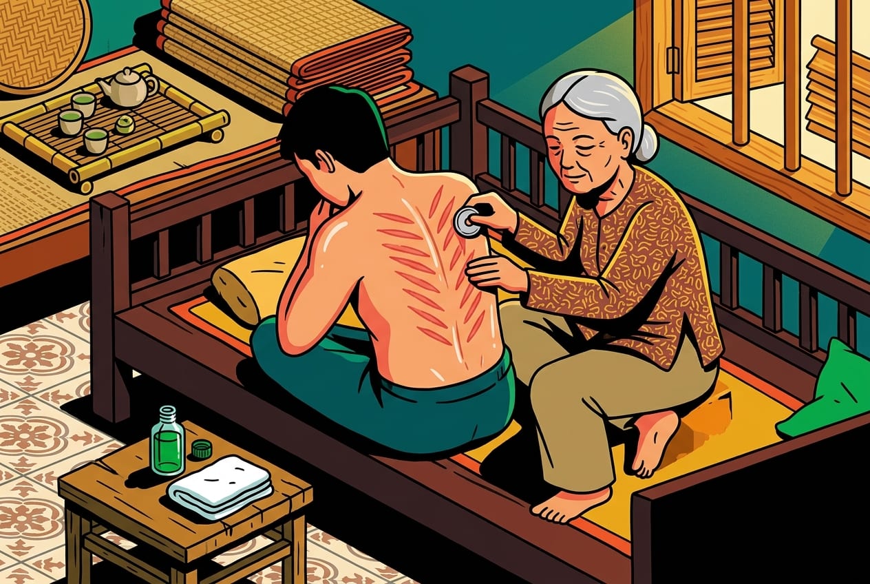 An older Vietnamese person performing cạo gió on a family member's back using a coin and green oil in a traditional living room.