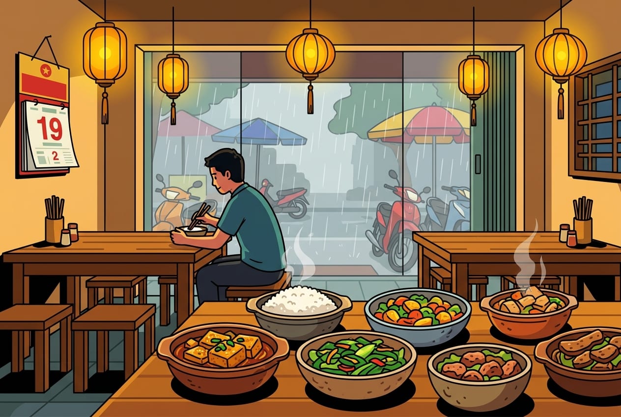 A serene Vietnamese Cơm Chay restaurant interior during a rainy late afternoon in Hanoi with warm lighting and rustic ceramic bowls