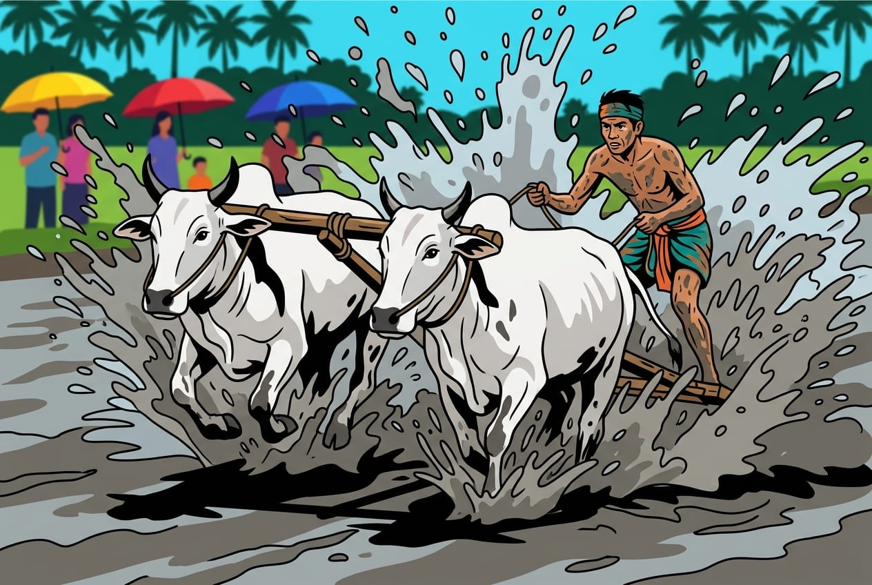 Two powerful white bulls charging through a muddy track at the Khmer Bull Racing Festival in An Giang, Vietnam, with a mud-splattered jockey balancing on a wooden harrow.