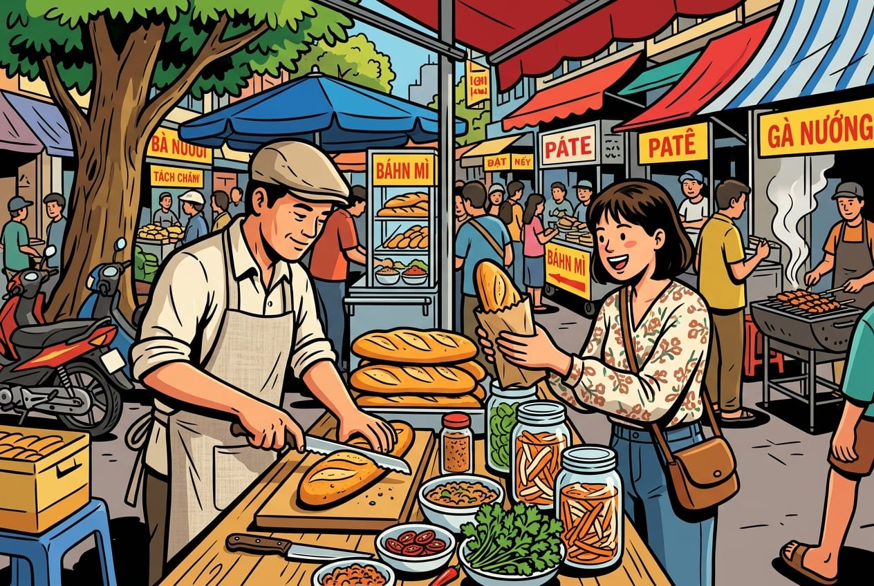 A bustling street food festival in District 1, Ho Chi Minh City, with stalls selling various types of Vietnamese Banh Mi.