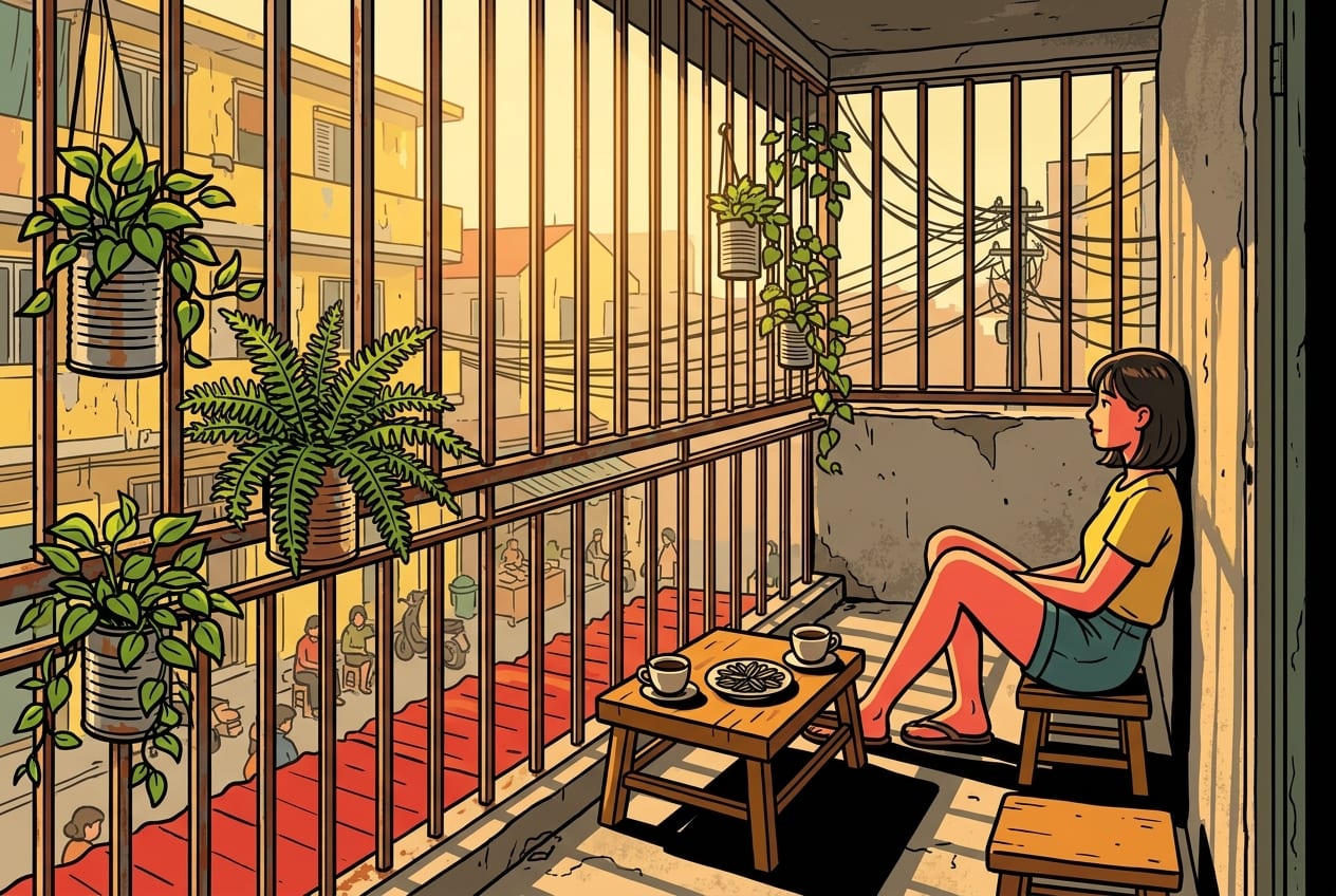 A cozy, hidden cafe inside a rustic tiger cage balcony of a Soviet-era Hanoi collective housing block with warm golden afternoon light.