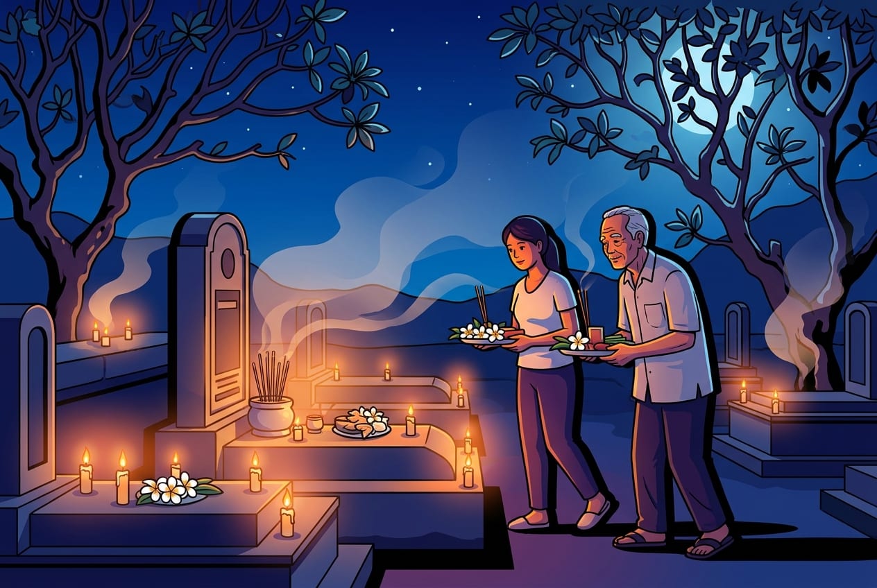 A peaceful and atmospheric view of Hàng Dương Cemetery in Côn Đảo at night, illuminated by soft candles and incense smoke.