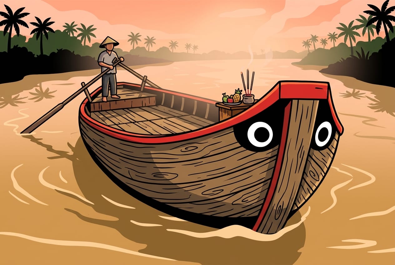 A traditional wooden boat with painted eyes (Mat Ghe) on the muddy waters of the Mekong River at sunrise