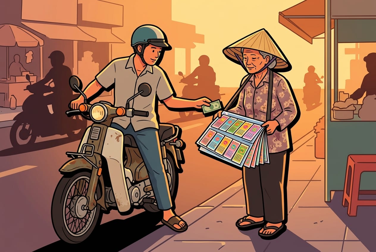 An elderly Vietnamese woman in a conical hat selling colorful street lottery tickets on a plastic folder to a customer on a vintage motorbike during the golden hour in Saigon.