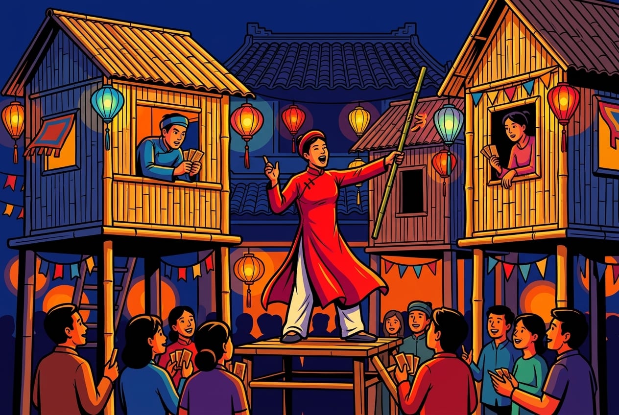 A vibrant night scene of a traditional Bai Choi game in Hoi An, showing elevated bamboo huts, performers in red silk Ao Dai, and an excited crowd.