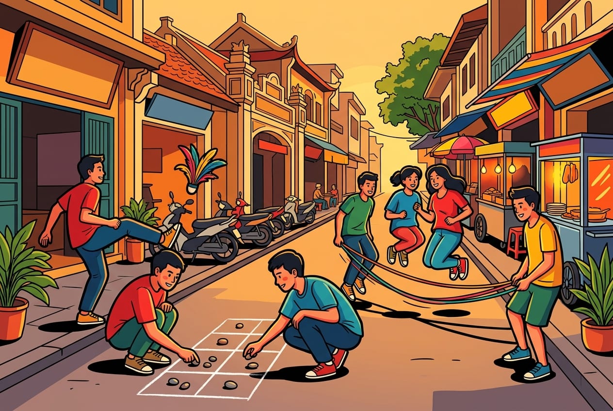 Vietnamese youth (Gen Z) enthusiastically playing traditional street games. One group is focused on Ô ăn quan with pebbles on a chalk-drawn grid, another child is mid-air with a jump rope, and a third group is kicking a feathered shuttlecock (Đá cầu). The scene is a bustling Hanoi Old Quarter pedestrian street during a warm, golden hour evening, with vibrant street food stalls, parked motorbikes, and traditional Vietnamese architecture in the background. Dominant colors are warm yellows, oranges, reds, and greens, with casual, modern Vietnamese clothing.