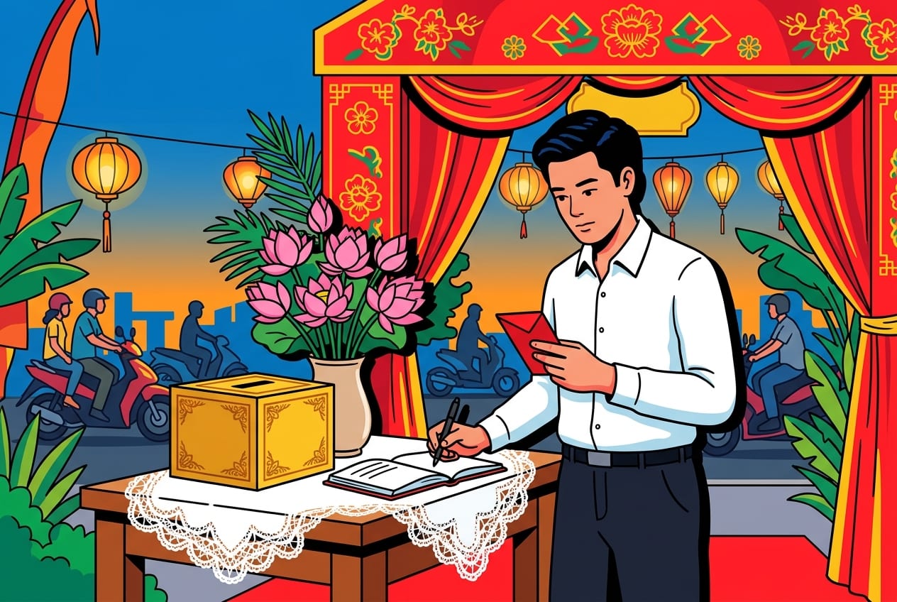 A stack of red envelopes (bao lì xì) and a decorative wedding box in a Vietnamese reception hall.