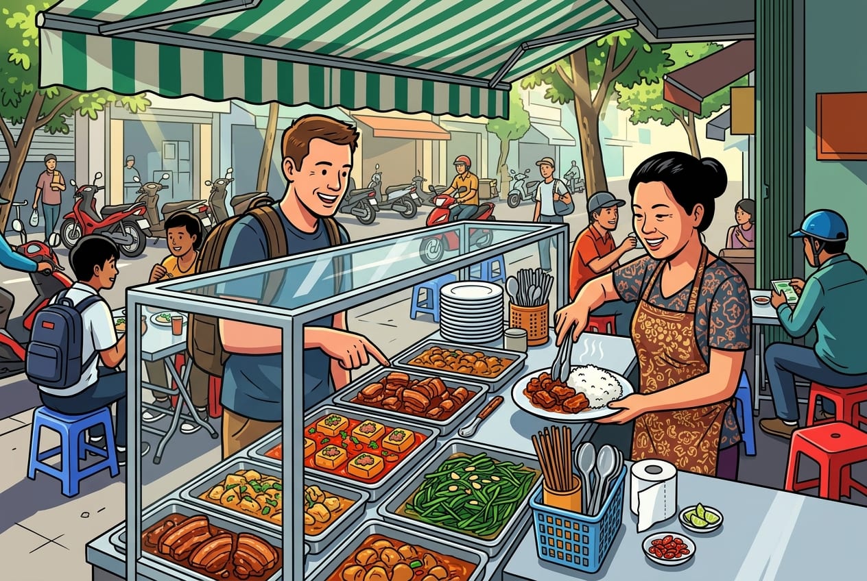 A bustling, open-front Cơm Bình Dân street food restaurant in Vietnam with colorful metal trays of caramelized pork, stuffed tofu, and morning glory, surrounded by customers on low plastic stools.