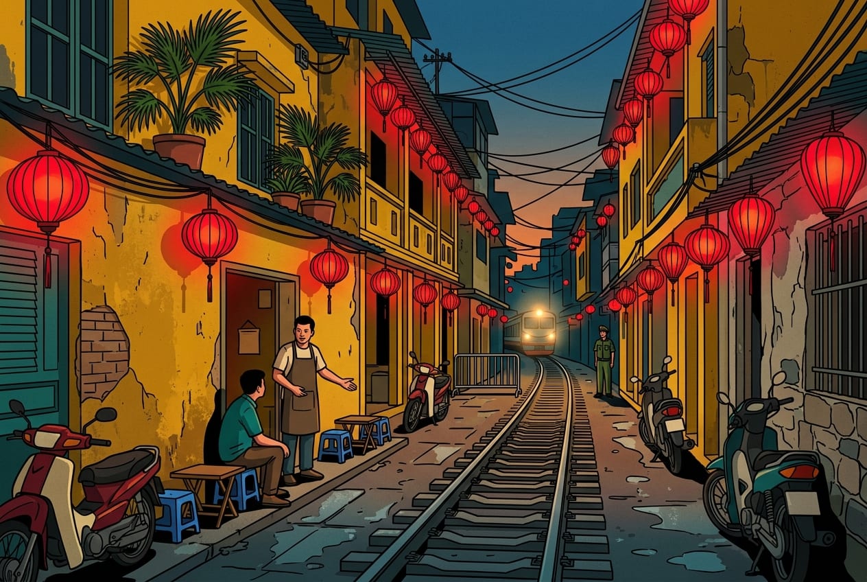 A wide-angle, eye-level view of Hanoi Train Street at twilight with glowing red lanterns and mustard-yellow buildings.