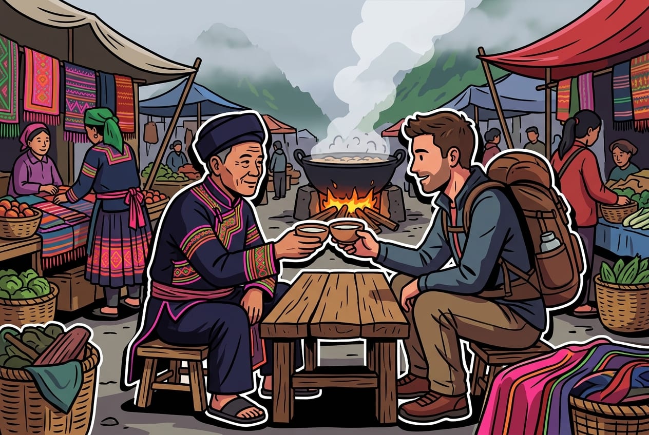 A misty morning at a Ha Giang highland market, showing a local Hmong elder clinking a ceramic bowl of corn wine with a traveler amidst colorful stalls.