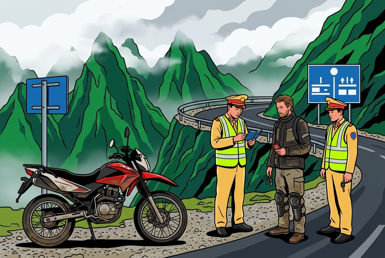 A realistic, high-detail photo of a roadside police checkpoint on the Ha Giang Loop, Vietnam. In the foreground, two Vietnamese traffic police officers (CSGT) in light mustard-yellow uniforms and neon-green reflective vests are inspecting the documents of a foreign tourist. The tourist is wearing dusty adventure-riding gear, knee pads, and holding a passport. Next to them is a dusty red-and-black Honda XR150 motorcycle parked on the gravel shoulder of a winding mountain road. In the background, towering, dramatic emerald-green limestone karst mountains rise into a misty, overcast sky with low-hanging clouds. A blue metal sign with white Vietnamese text 'CHỐT KIỂM TRA' is visible.