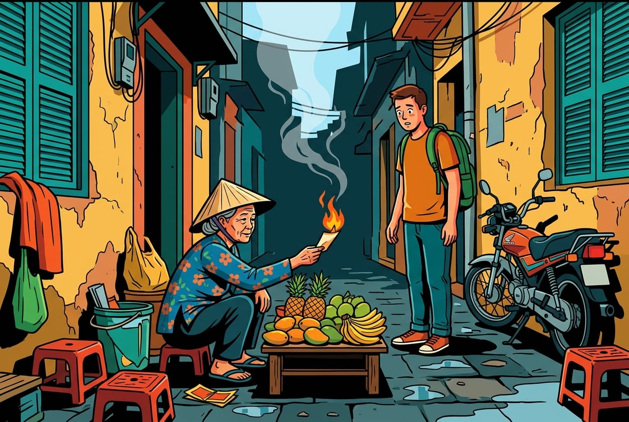 A Vietnamese street vendor performing the dot via ritual in a narrow Hanoi Old Quarter alleyway at dawn, holding a small burning piece of paper.